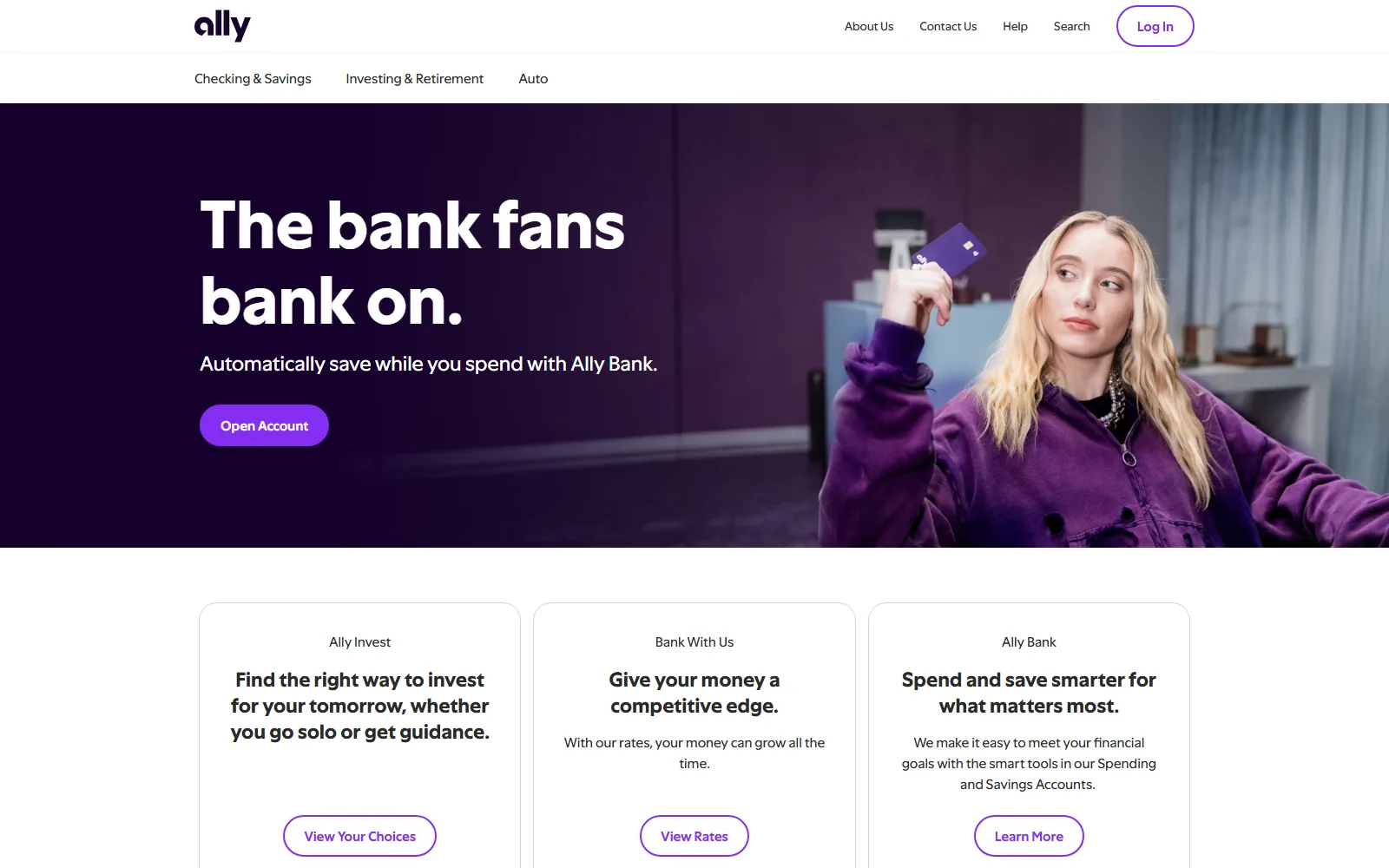 Ally's homepage: a three-item navigation, a dark purple hero with the headline The bank fans bank on, and a single Open Account button.