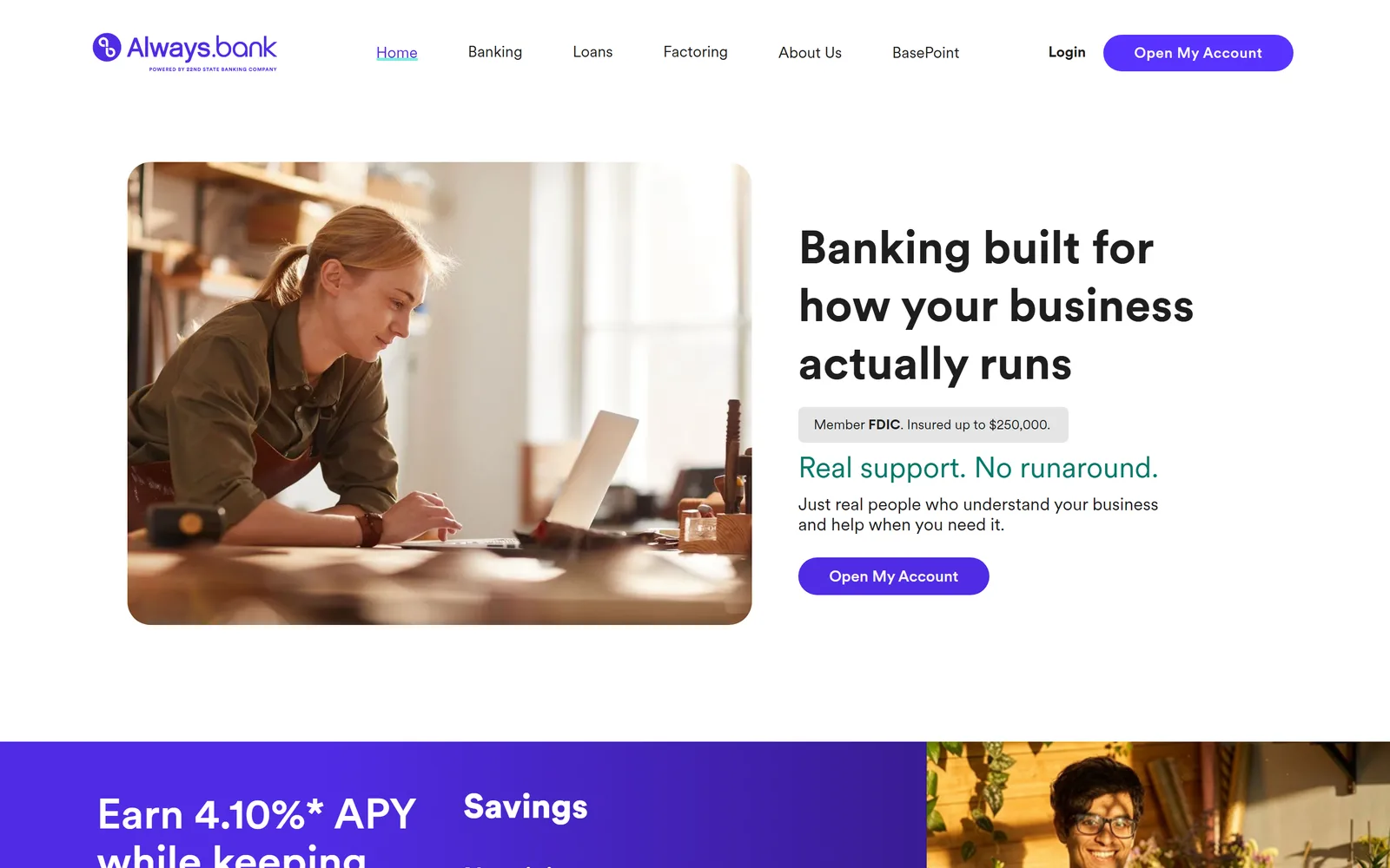 The always.bank homepage, a fintech-styled site from Alabama's 22nd State Bank pitching business banking with a modern sans-serif wordmark and an Open My Account button.