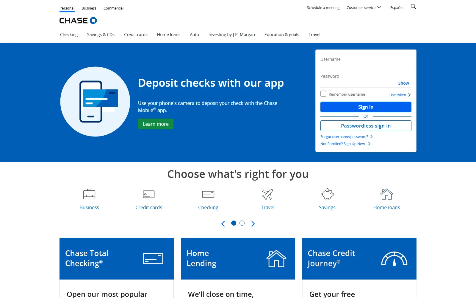 Chase's homepage: a flat blue hero block with an illustration, a short headline about depositing checks, and a sign-in card, above a row of icon shortcuts.