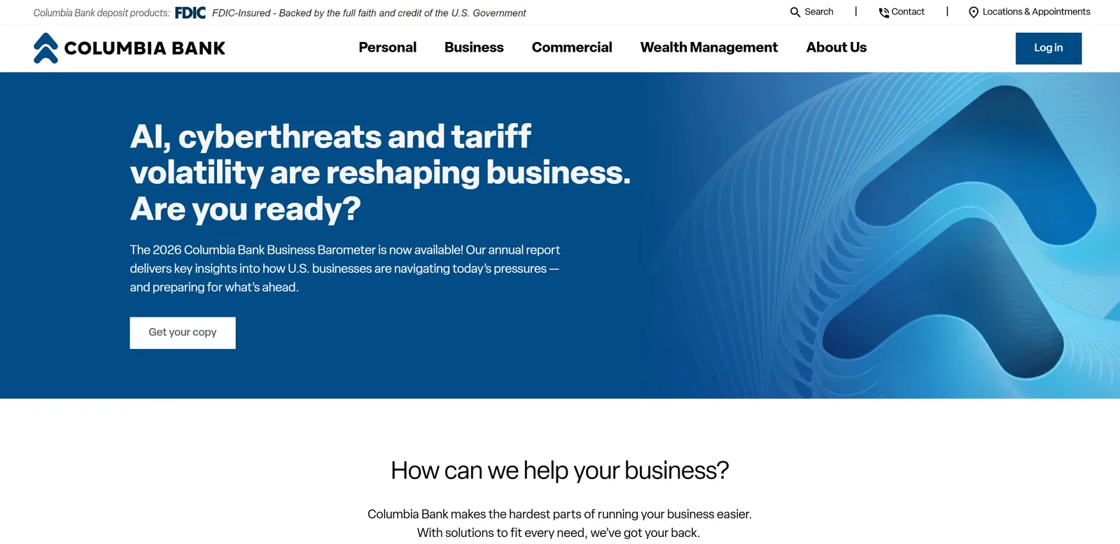 Columbia Bank's 2026 homepage hero, a deep blue panel with a large abstracted version of the bank's arrow logo mark in place of traditional photography.