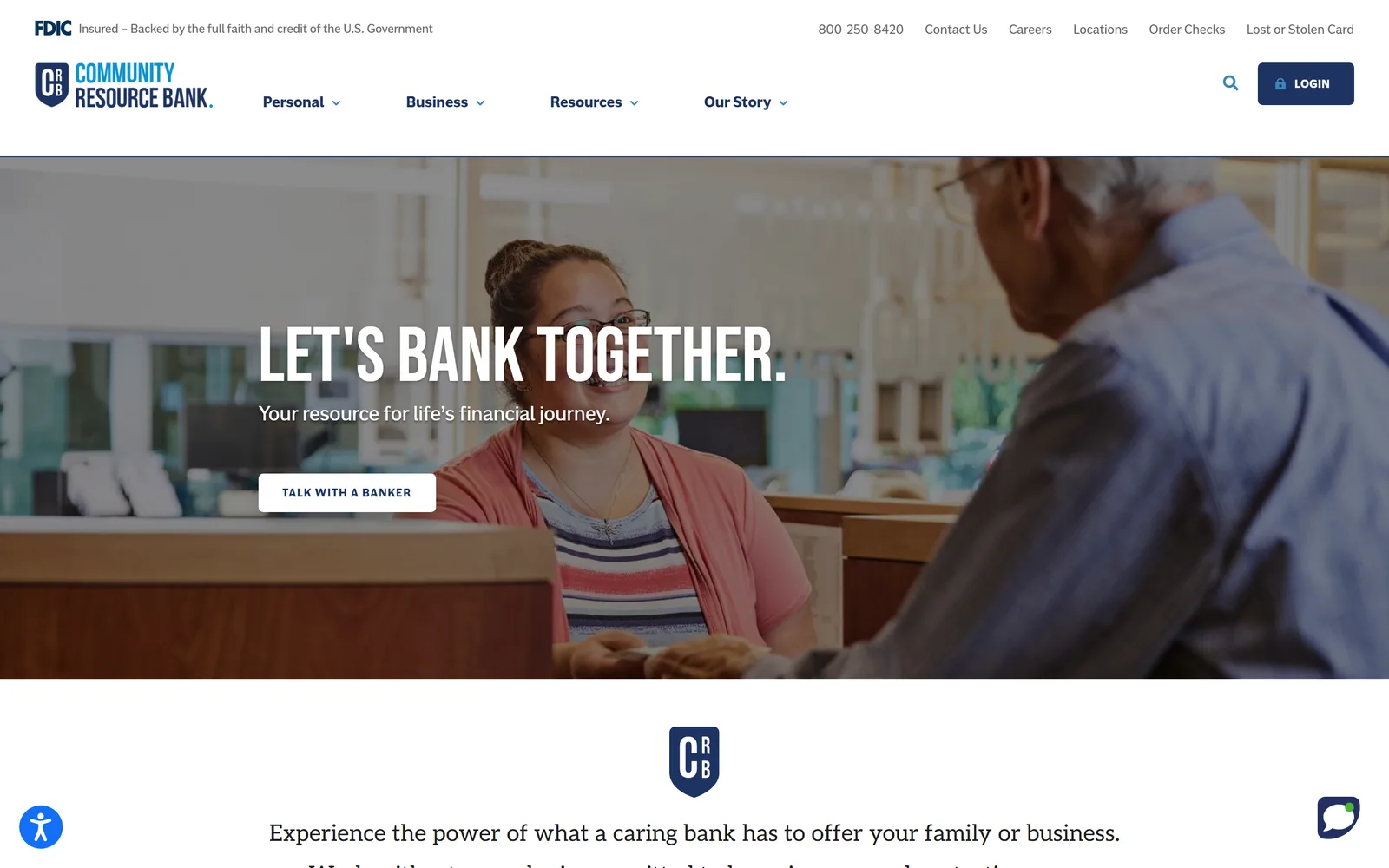 Community Resource Bank's homepage at crb.bank: FDIC sign at the top, a navy shield logo, and a full-width photo of a banker greeting a customer under the headline Let's Bank Together.