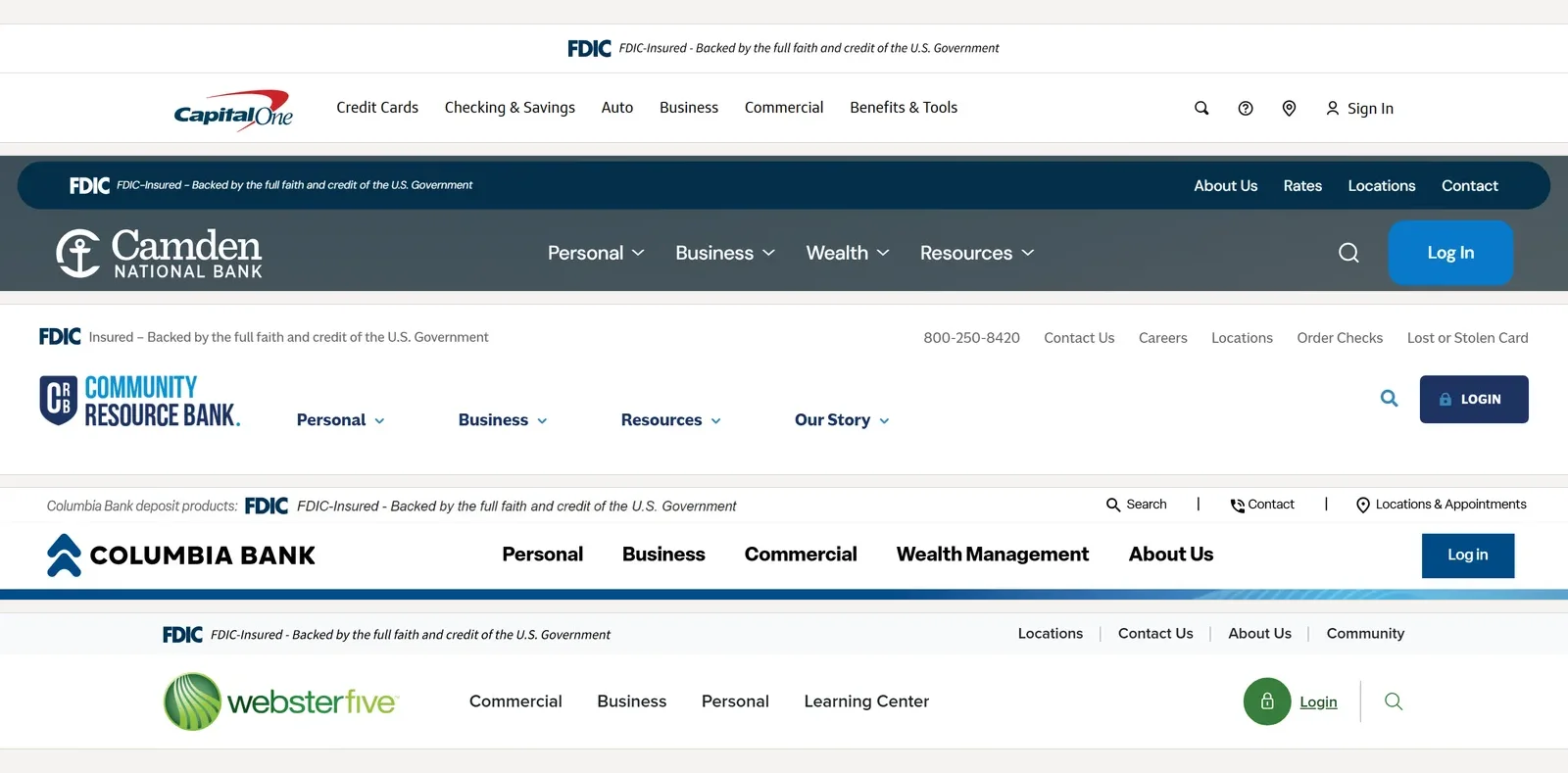 The tops of five bank homepages stacked: Capital One, Camden National, Community Resource Bank, Columbia Bank, and Webster Five each show the FDIC official digital sign above the bank's own logo and navigation.