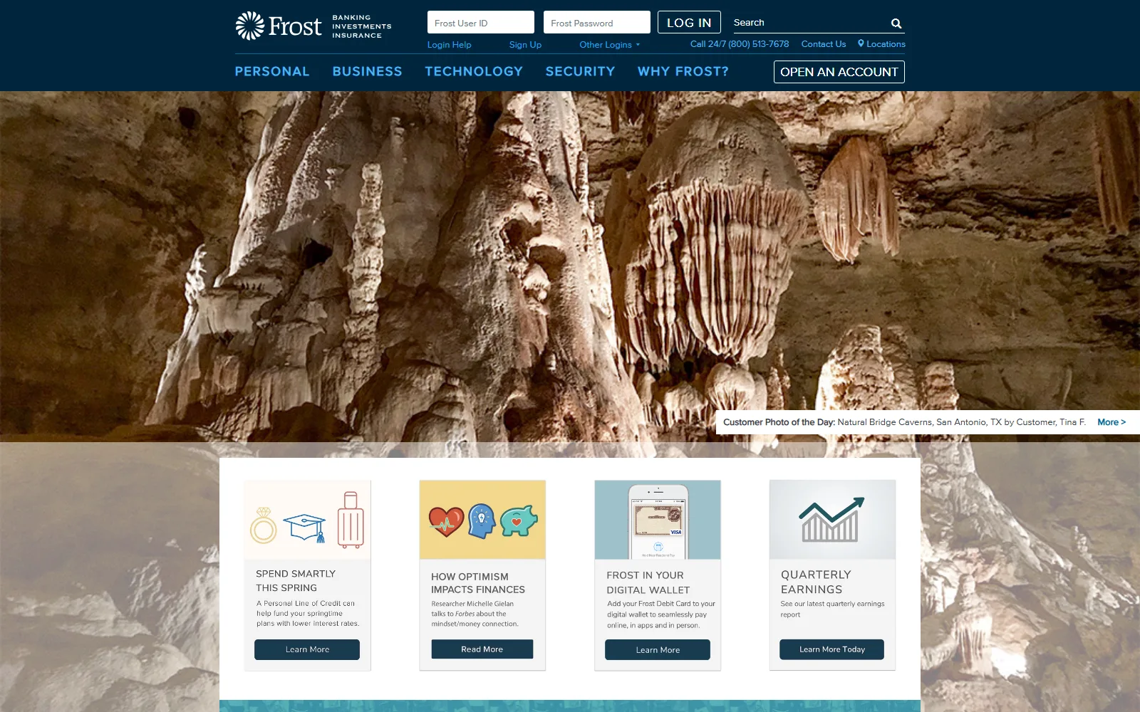 Frost Bank's 2019 homepage: a dark navy header over a full-width customer photograph of cave formations, captioned Customer Photo of the Day, Natural Bridge Caverns, San Antonio.