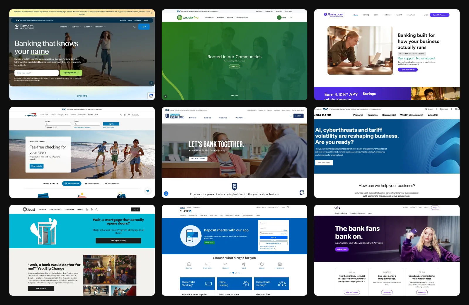 A three-by-three grid of nine bank homepages: Camden National, Webster Five, always.bank, Capital One, Community Resource Bank, Columbia Bank, Frost, Chase, and Ally.