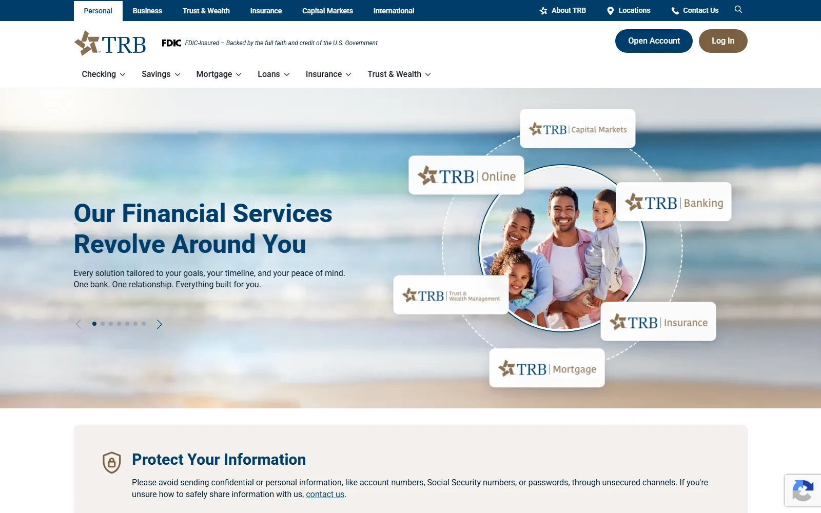 Texas Regional Bank's homepage at trb.bank: a six-division top navigation, the FDIC digital sign beside the TRB logo, an Open Account button, a beach-photo hero with the bank's division logos orbiting a family, and a Protect Your Information notice below.