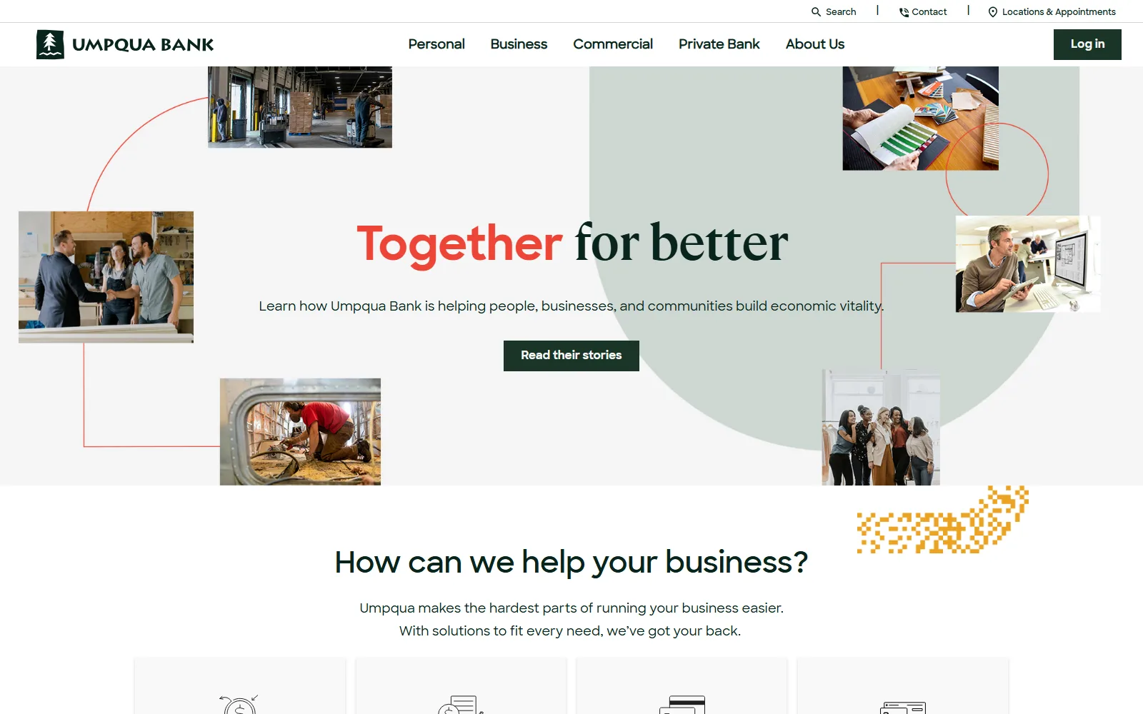 Umpqua Bank's 2022 homepage: the headline Together for better surrounded by a collage of small customer photographs connected by thin red lines.