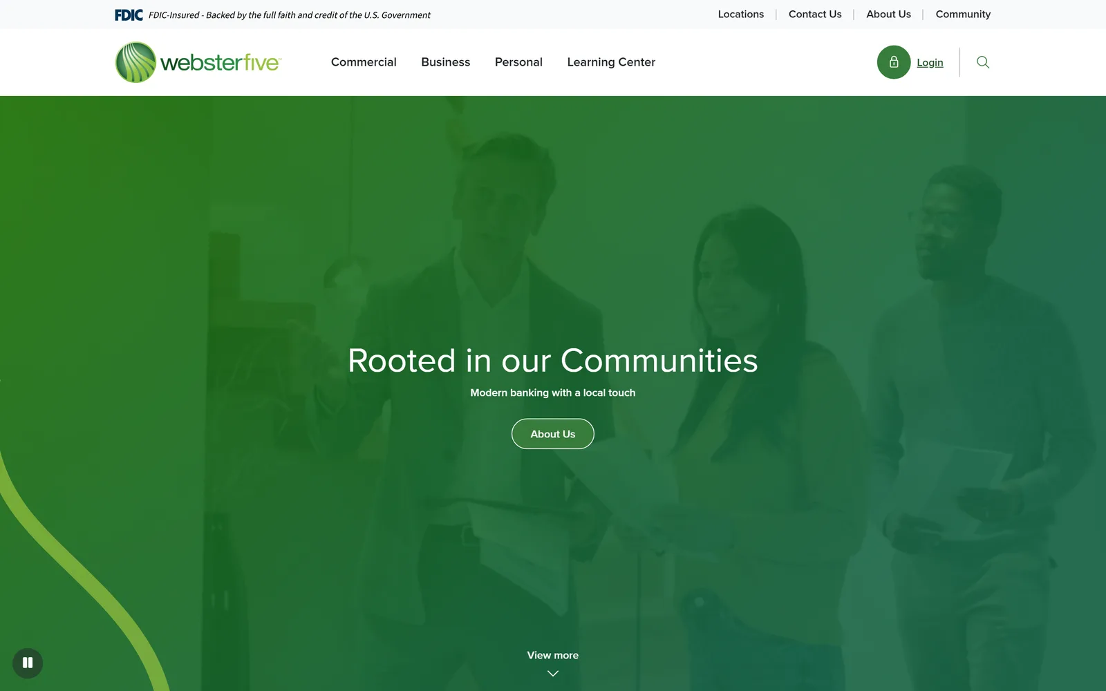 Webster Five's redesigned homepage with the FDIC digital sign at the top, a slim white navigation bar, and a green full-width hero reading Rooted in our Communities.