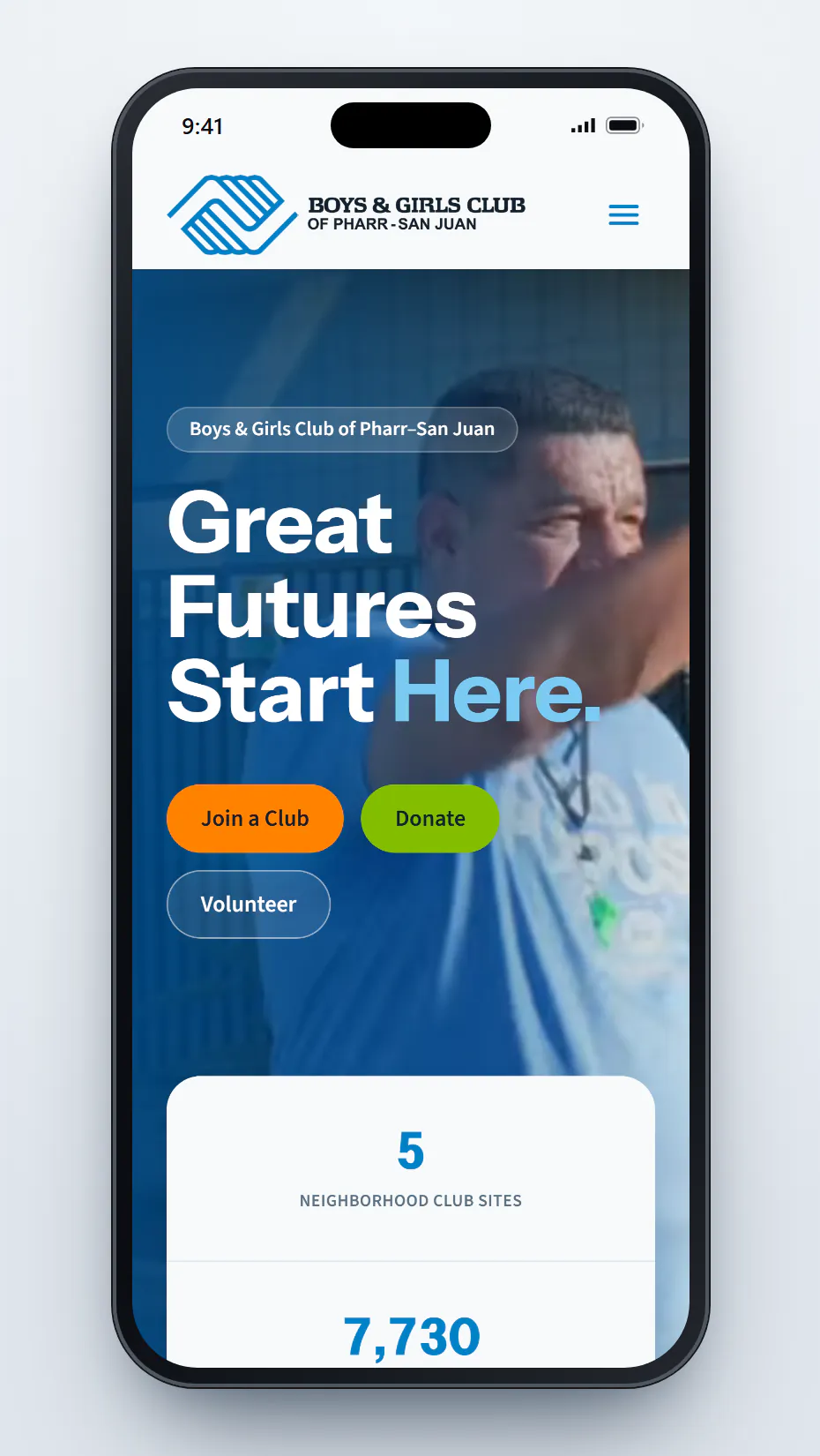 The pharrkids.org homepage on a phone, with the headline Great Futures Start Here. over a video still of a staff member waving outside a Club, orange Join a Club, green Donate and outlined Volunteer buttons, and the first stat card, 5 Neighborhood Club Sites.