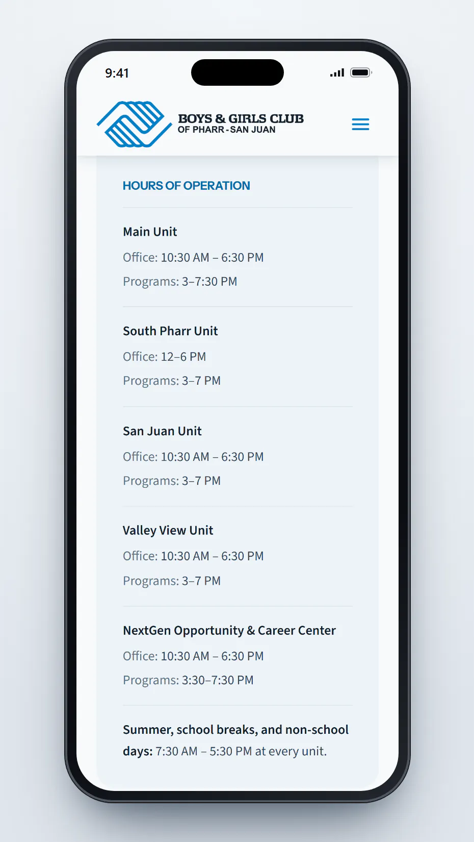 The Hours of Operation list on the Join a Club page on a phone, showing office and program hours for the Main, South Pharr, San Juan and Valley View units and the NextGen Opportunity & Career Center, with hours of 7:30 AM to 5:30 PM at every unit on summer, school break and non-school days.