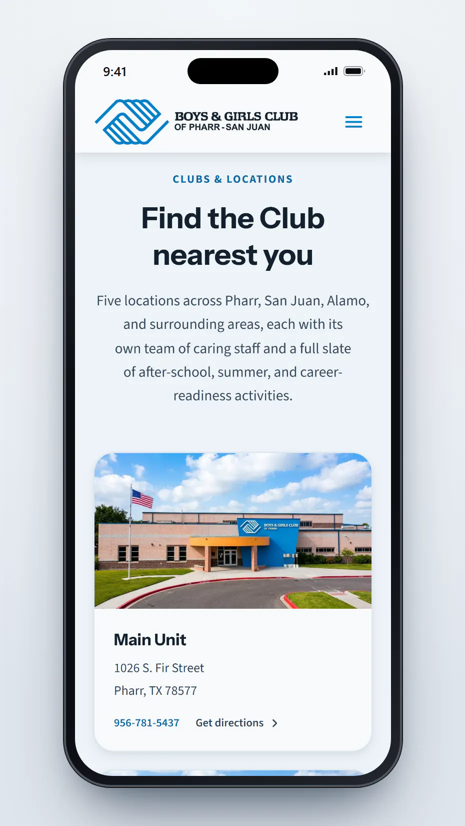 The Find the Club nearest you section of the homepage on a phone, with a photo of the Main Unit building in Pharr, its address at 1026 S. Fir Street, the phone number 956-781-5437 and a Get directions link.
