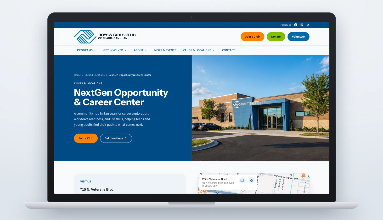 The NextGen Opportunity & Career Center page on a laptop, with the headline NextGen Opportunity & Career Center, a line describing a community hub in San Juan for career exploration, workforce readiness and life skills, Join a Club and Get directions buttons, a photo of the center's brick and blue building, and a map of 715 N. Veterans Blvd. below.