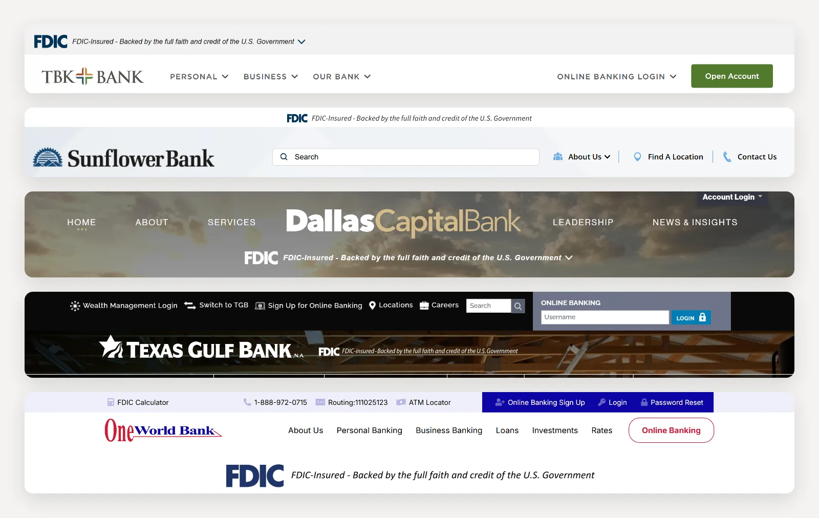 The tops of five Texas bank homepages stacked: TBK Bank, Sunflower Bank, Dallas Capital Bank, Texas Gulf Bank, and One World Bank, each showing the FDIC official digital sign in a different position and color.