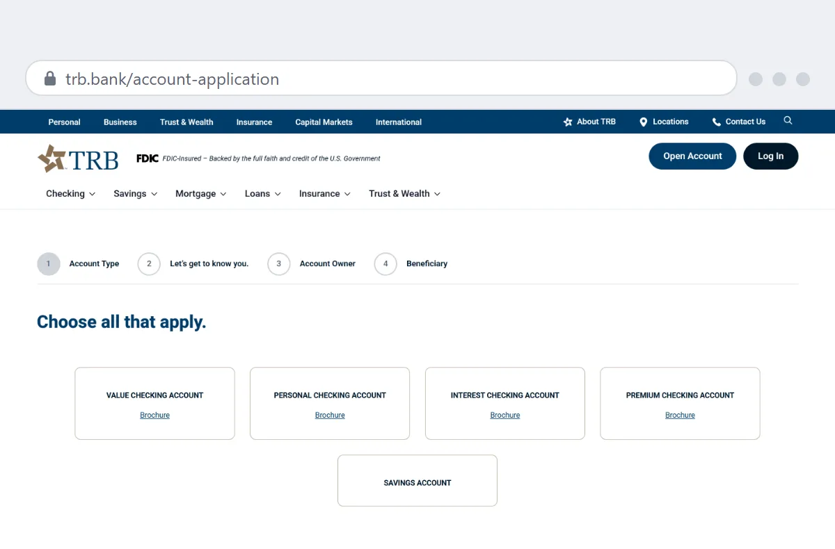 Step one of Texas Regional Bank's online account application at trb.bank/account-application, headed Choose all that apply, with four checking accounts and a savings account to pick from. The FDIC official digital sign appears beside the TRB logo in the header.