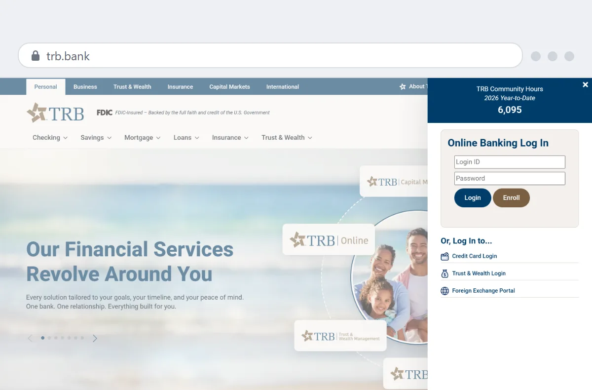 Texas Regional Bank's homepage at trb.bank with the Online Banking Log In panel open on the right. The FDIC official digital sign sits beside the TRB logo in the header.