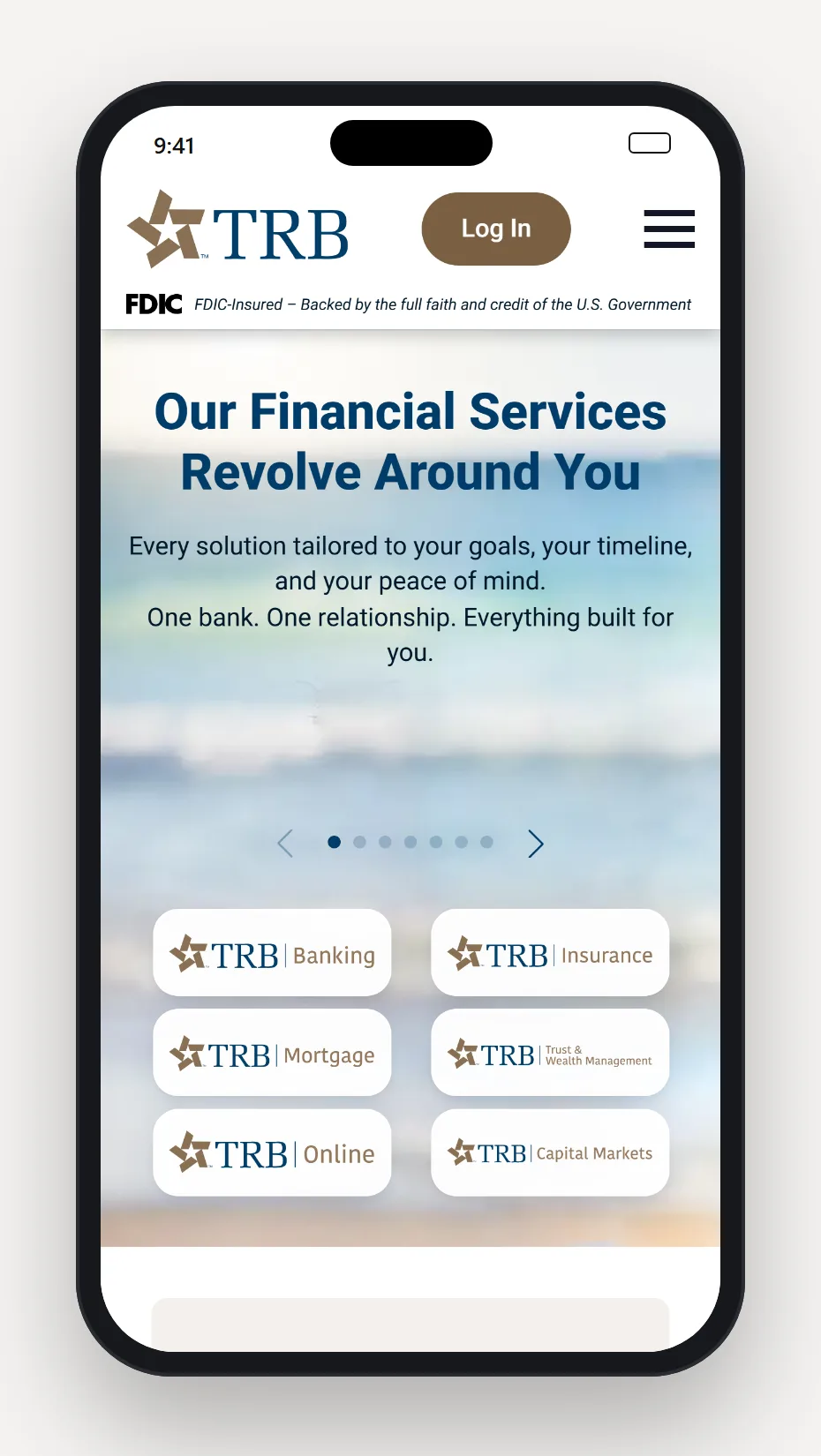Texas Regional Bank's mobile homepage on a phone: the TRB logo, a Log In button, and a menu icon, with the FDIC official digital sign on its own line beneath them, above the headline Our Financial Services Revolve Around You.