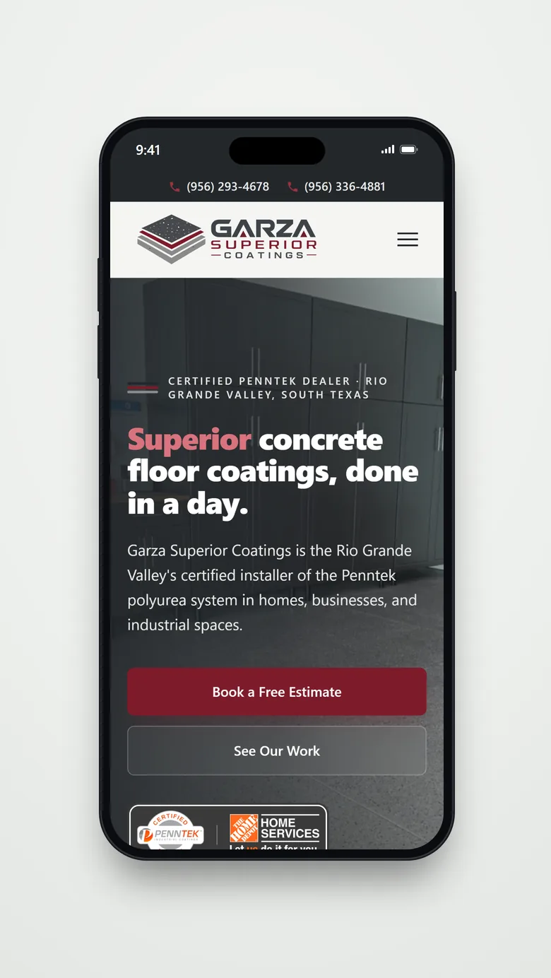 The Garza homepage on a phone, with both phone numbers in a charcoal bar at the top, the logo and a menu button, the headline Superior concrete floor coatings, done in a day., and stacked Book a Free Estimate and See Our Work buttons.