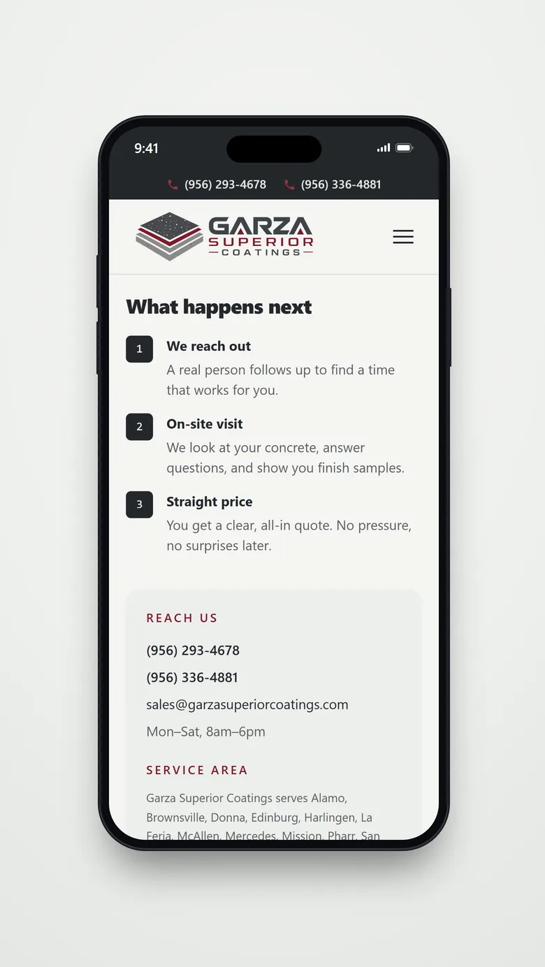 The Garza estimate page on a phone, with a What happens next list reading We reach out, On-site visit and Straight price, followed by a Reach us box listing both phone numbers, the sales email, and hours of Monday through Saturday, 8am to 6pm.