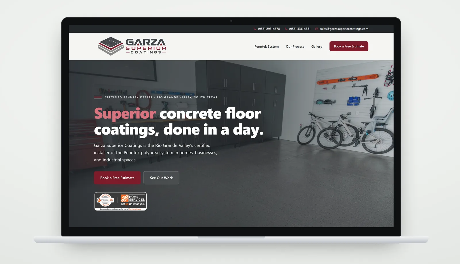 The new garzasuperiorcoatings.com homepage on a laptop, with a charcoal bar showing two phone numbers and the sales email, the Garza Superior Coatings logo beside Penntek System, Our Process, Gallery and Book a Free Estimate, and the headline Superior concrete floor coatings, done in a day. over a photo of a coated garage floor, above Book a Free Estimate and See Our Work buttons and a Certified Penntek Dealer badge.