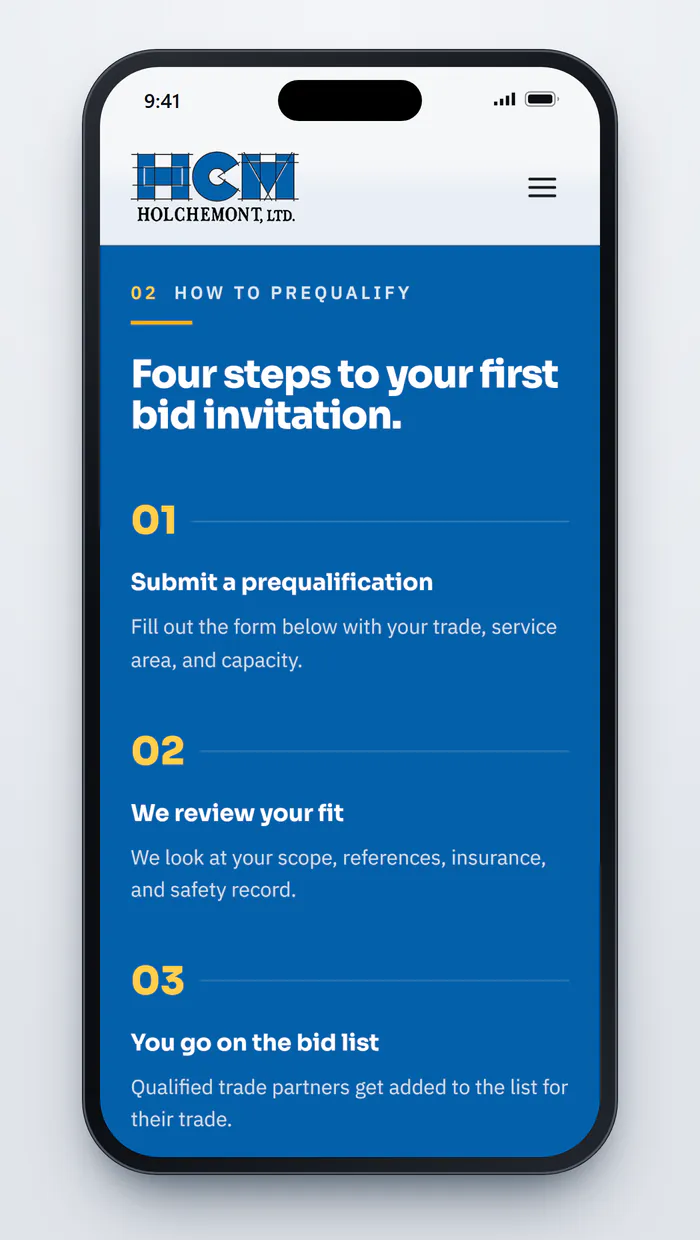 The How to prequalify section on a phone: the headline Four steps to your first bid invitation. above numbered steps 01 Submit a prequalification, 02 We review your fit and 03 You go on the bid list, each with a one-line explanation.