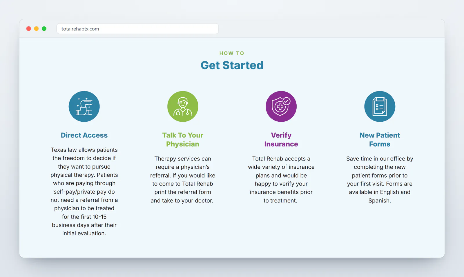 The How to Get Started section of the Total Rehab adult therapy page in a browser: four icons in blue, green, purple and blue over the headings Direct Access, Talk To Your Physician, Verify Insurance and New Patient Forms, each with a short explanation, the last noting that forms are available in English and Spanish.