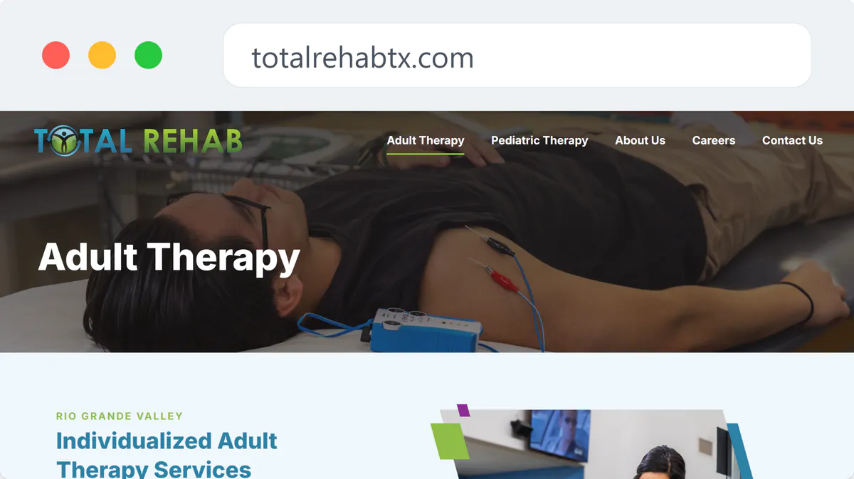 The top of the Adult Therapy page on totalrehabtx.com: the Total Rehab logo and a menu of Adult Therapy, Pediatric Therapy, About Us, Careers and Contact Us over a photo of an adult patient lying on a treatment table with electrode pads on his back, the headline Adult Therapy, and the start of a section headed Individualized Adult Therapy Services.