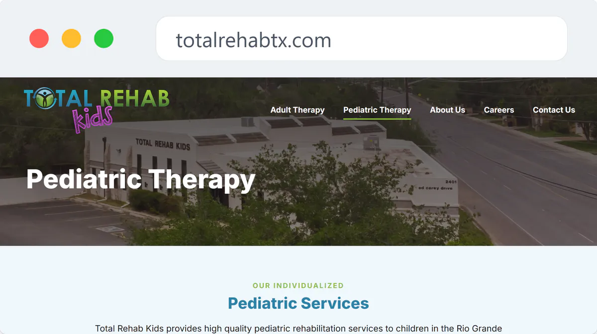 The top of the Pediatric Therapy page: the Total Rehab Kids logo with purple kids lettering and the same menu over an aerial photo of the Total Rehab Kids clinic building, the headline Pediatric Therapy, and the start of a section headed Pediatric Services.