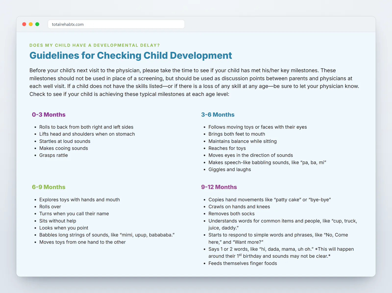 The Developmental Milestones page in a browser: the eyebrow Does my child have a developmental delay?, the headline Guidelines for Checking Child Development, a paragraph asking parents to check milestones before the next visit to the physician, and checklists for 0-3 Months, 3-6 Months, 6-9 Months and 9-12 Months.