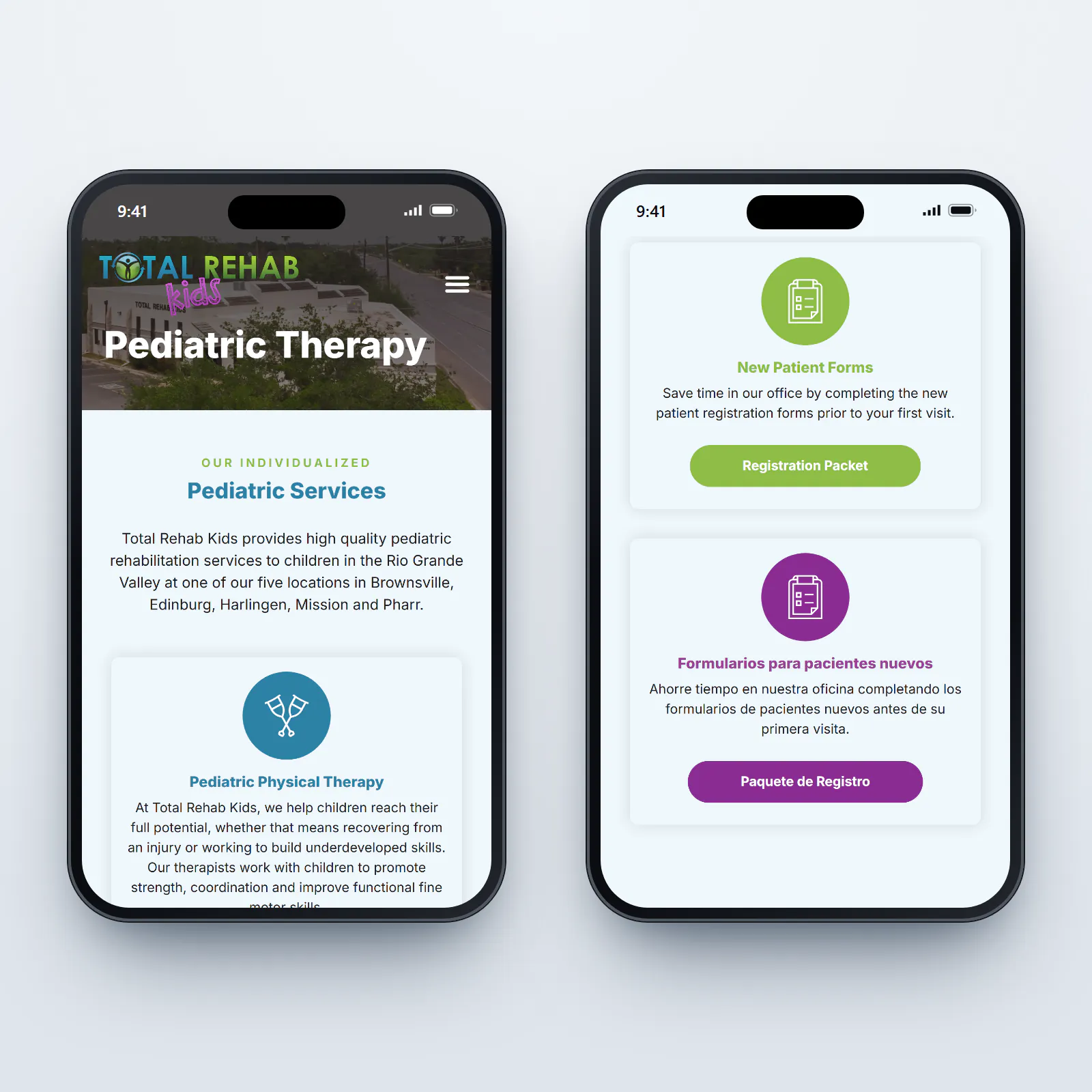 Two phones showing the Total Rehab website: on the left, the Pediatric Therapy page with the Total Rehab Kids logo, the Pediatric Services introduction naming the five locations, and the first service card for Pediatric Physical Therapy; on the right, the patient forms page with a green Registration Packet button under New Patient Forms and a purple Paquete de Registro button under Formularios para pacientes nuevos.
