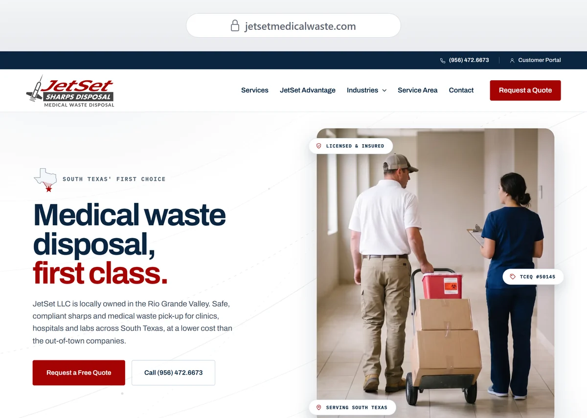 JetSet's new homepage: a navy utility bar with the phone number and a Customer Portal link, the headline Medical waste disposal, first class., quote and call buttons, and a hallway photo tagged Licensed & Insured, TCEQ #50145 and Serving South Texas.