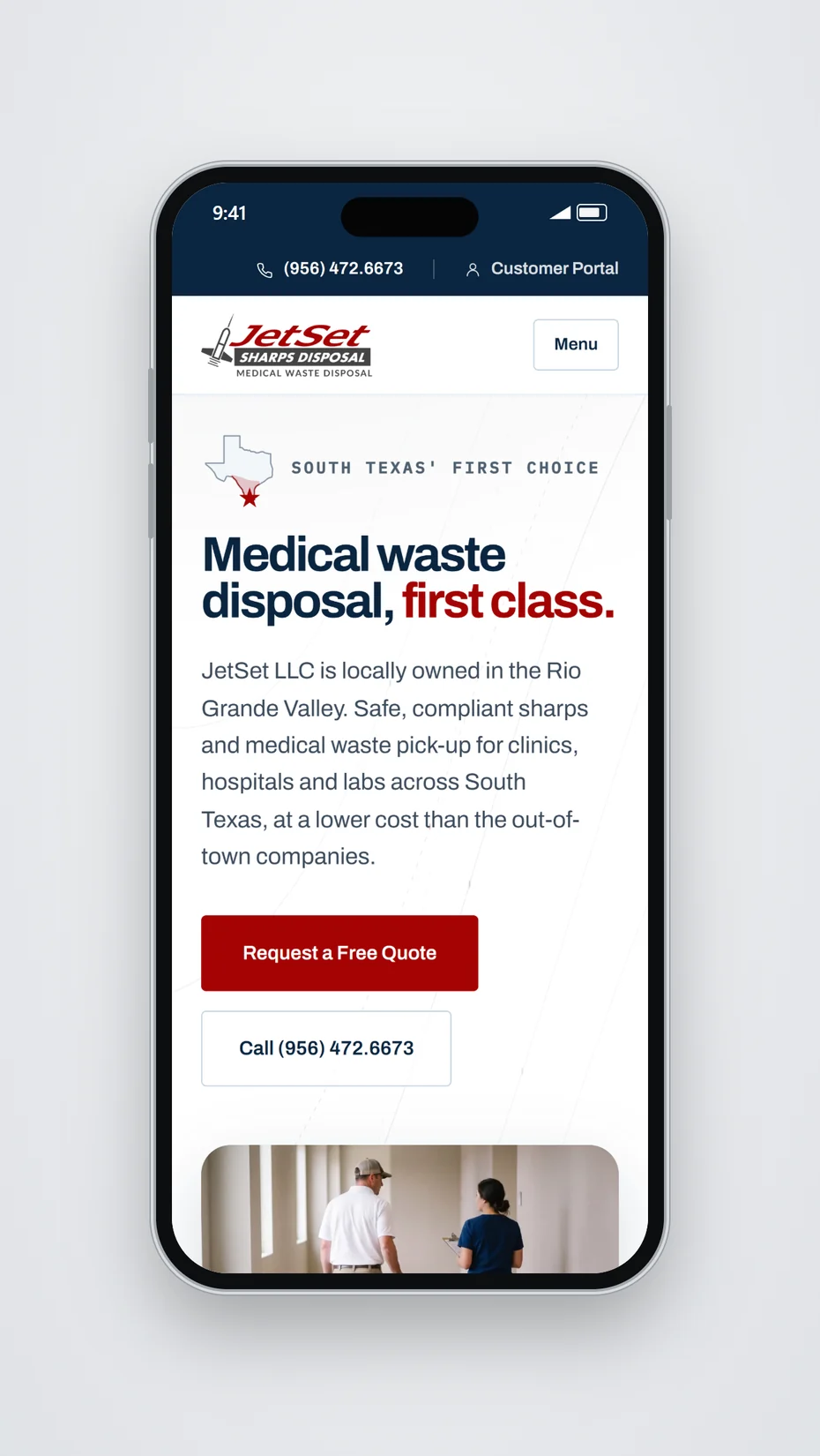 JetSet's homepage on a phone, with the phone number and Customer Portal link in a navy bar at the top, the headline Medical waste disposal, first class., and stacked Request a Free Quote and Call buttons.