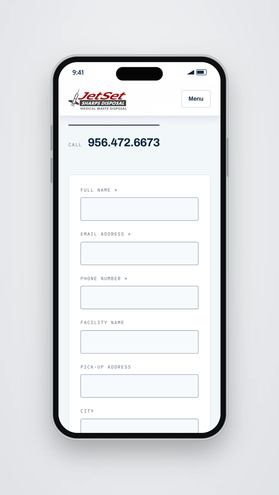 JetSet's quote form on a phone, with the 956.472.6673 call line above required Full Name, Email Address and Phone Number fields, followed by optional Facility Name, Pick-Up Address and City fields.