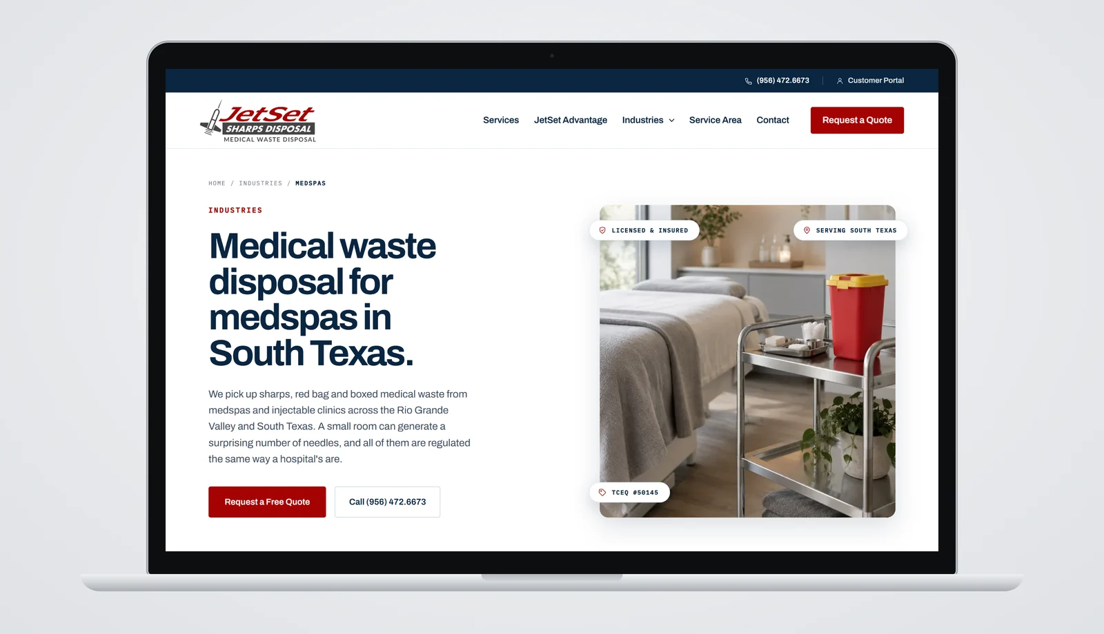 The new medspa industry page on a laptop: the headline Medical waste disposal for medspas in South Texas., a paragraph about sharps, red bag and boxed waste from medspas and injectable clinics, quote and call buttons, and a photo of a treatment room with a red sharps container on a steel cart.