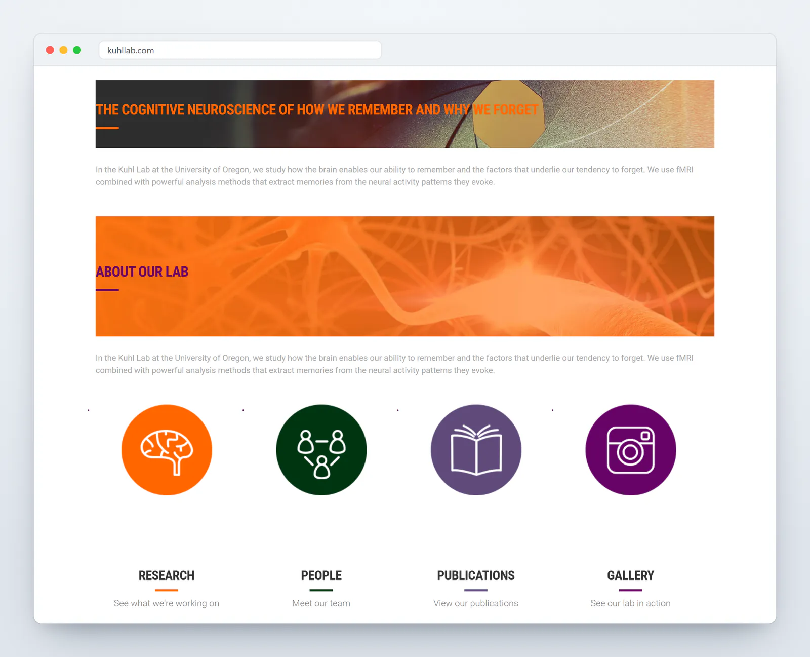 The Kuhl Lab homepage below the research slider: an orange heading on a dark photographic band reading The Cognitive Neuroscience of How We Remember and Why We Forget, a short description of the lab's fMRI research at the University of Oregon, an About Our Lab band, and round orange, green, and purple icons for Research, People, Publications, and Gallery.