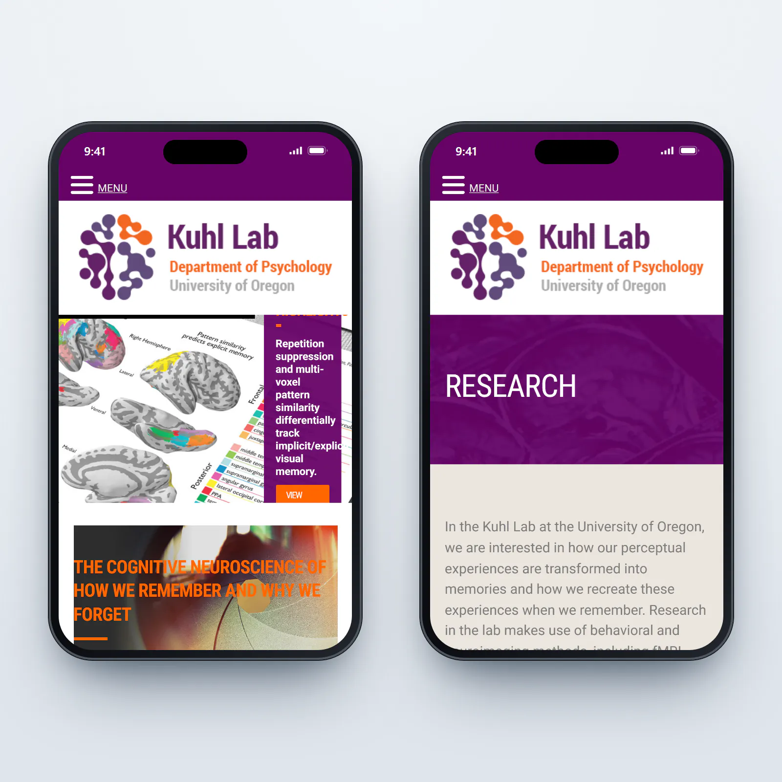 The Kuhl Lab website on two phones: on the left, the homepage with the purple menu bar, the Kuhl Lab logo, and the research highlights slider; on the right, the Research page with its purple header and introduction.