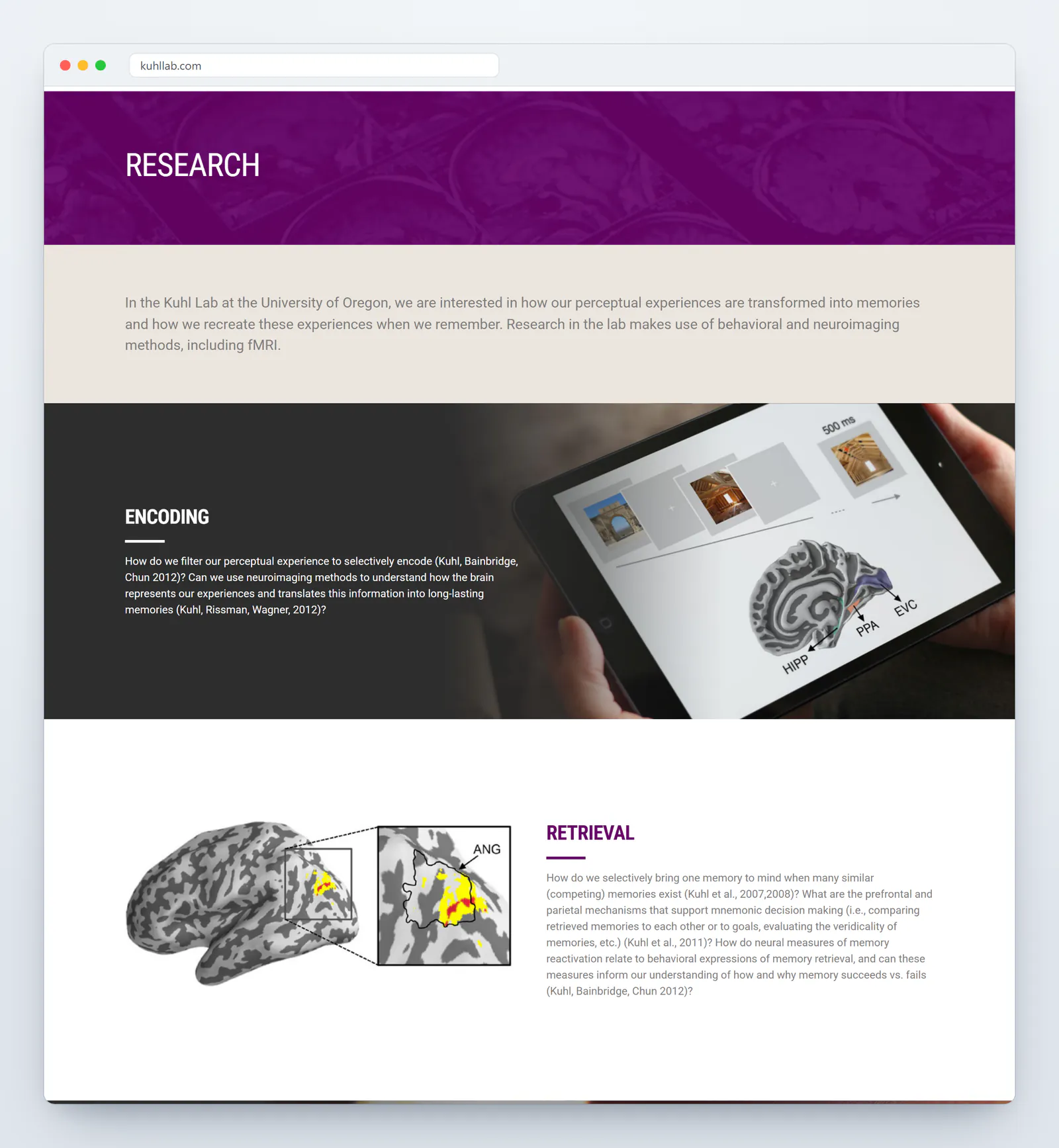 The Kuhl Lab Research page in a browser: a purple Research header, an introduction to how perceptual experiences become memories, a dark Encoding band with a tablet showing an experiment sequence and a labeled brain image, and a Retrieval section with a brain surface map highlighting the angular gyrus beside questions about how competing memories are retrieved.