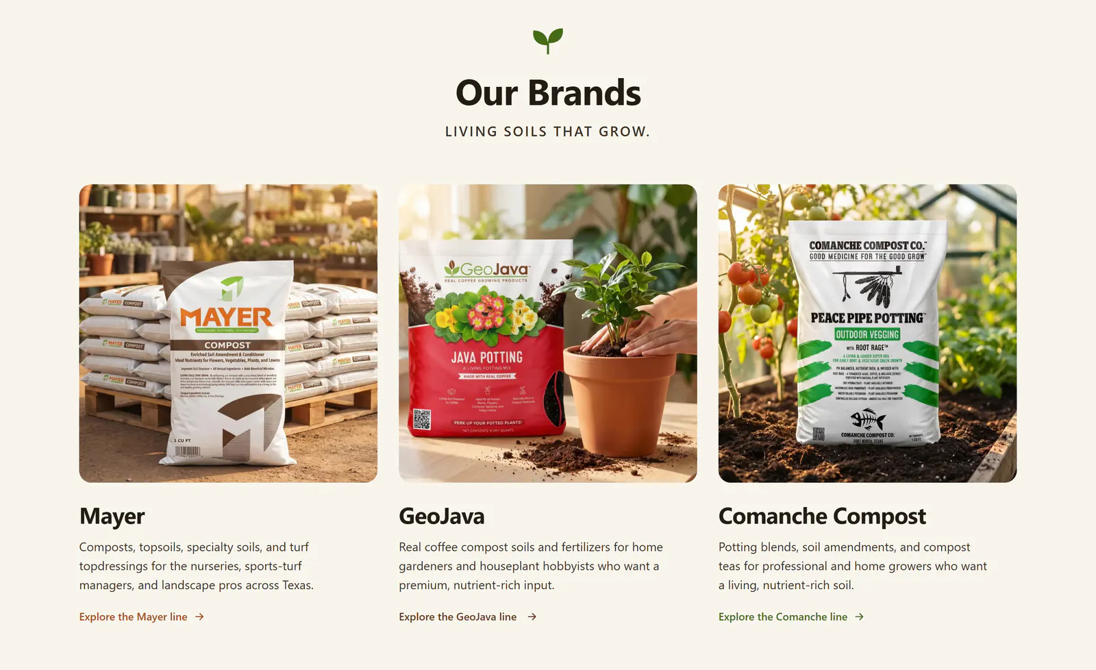 The Our Brands section of the Mayer Materials homepage, headed Living soils that grow., with three cards: a Mayer Compost bag in front of a pallet of bags, a red GeoJava Java Potting bag beside a potted plant, and a Comanche Compost Peace Pipe Potting bag in a greenhouse bed of tomatoes, each with a short description and an Explore link.