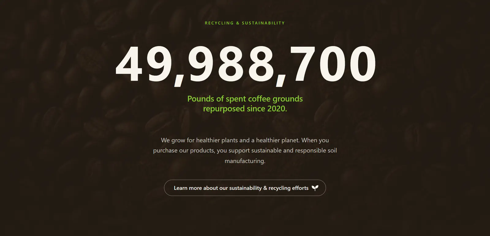The recycling and sustainability band on the Mayer Materials homepage: the number 49,988,700 in large cream type over a dark coffee bean background, above the line Pounds of spent coffee grounds repurposed since 2020. and a Learn more about our sustainability and recycling efforts button.