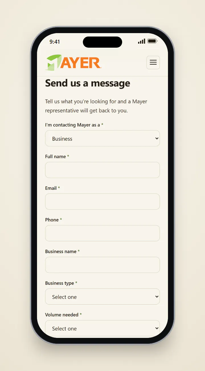 The Mayer Materials contact form on a phone with Business selected under I'm contacting Mayer as a, followed by Full name, Email, Phone, Business name, Business type and Volume needed fields.