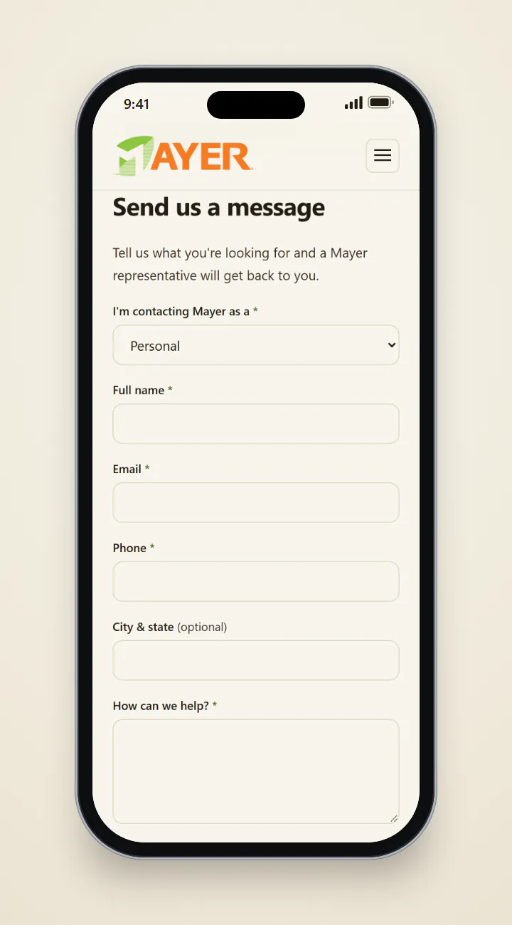 The same contact form on a phone with Personal selected, showing Full name, Email, Phone, an optional City and state field, and a How can we help? message box.