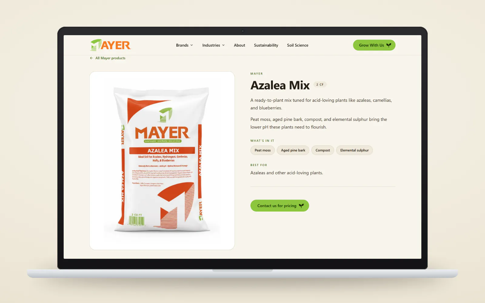 The Azalea Mix product page on a laptop, with an image of the orange and white Mayer Azalea Mix bag, a 2 CF size tag, a description of the mix for acid-loving plants, What's in it tags for peat moss, aged pine bark, compost and elemental sulphur, a Best for line, and a Contact us for pricing button.