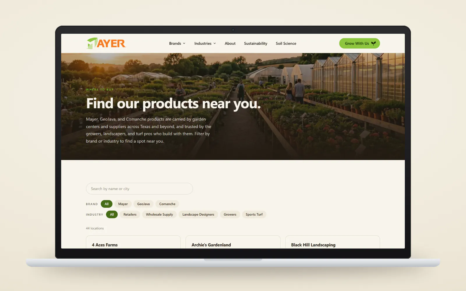 The Where to Buy page on a laptop, with the headline Find our products near you. over a photo of a garden center at sunset, a Search by name or city box, brand filters for Mayer, GeoJava and Comanche, industry filters for Retailers, Wholesale Supply, Landscape Designers, Growers and Sports Turf, and a count of 44 locations.