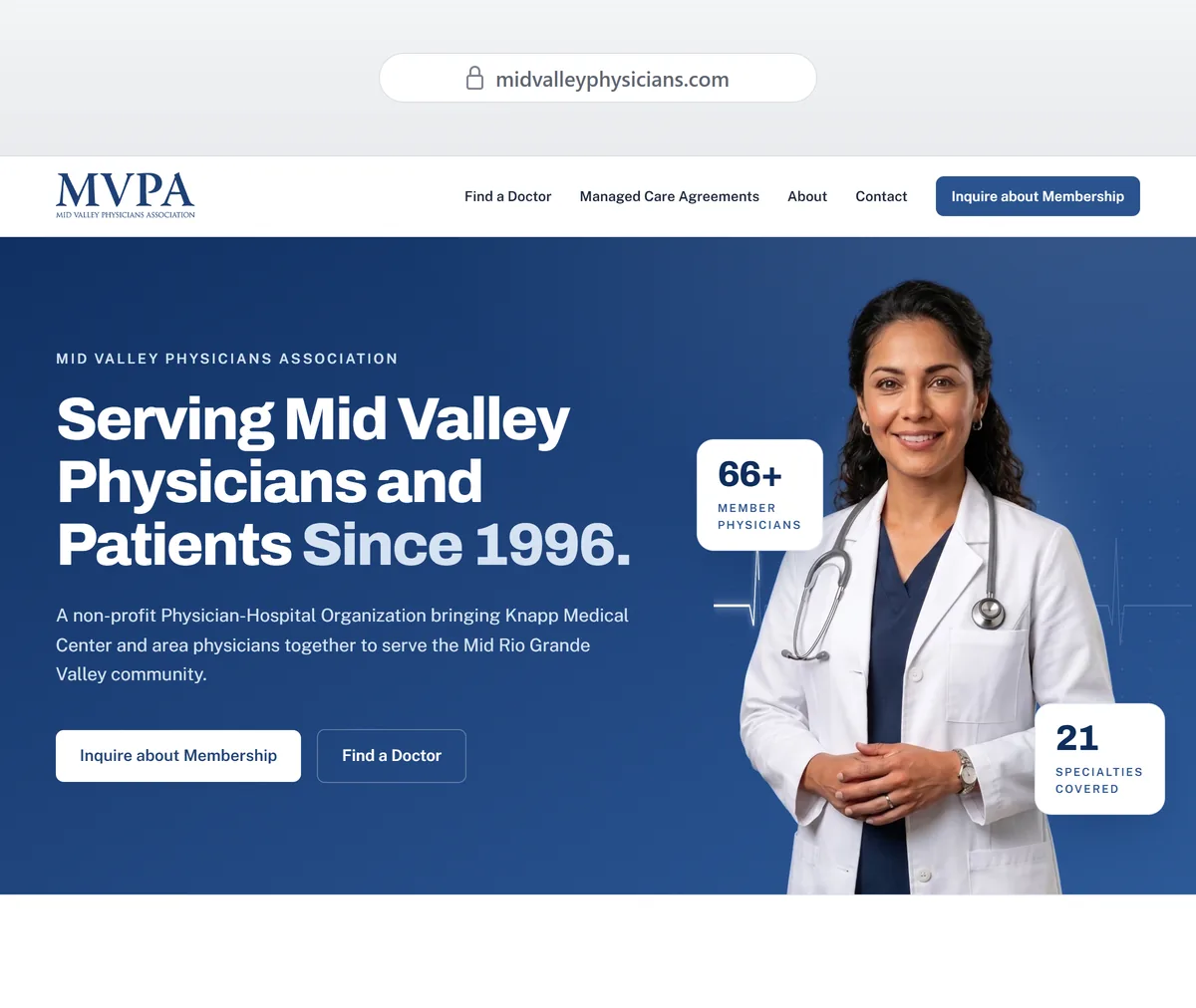 MVPA's new homepage: the MVPA wordmark and a navigation bar with an Inquire about Membership button above a navy section reading Serving Mid Valley Physicians and Patients Since 1996., with Inquire about Membership and Find a Doctor buttons beside a physician and two stat cards.
