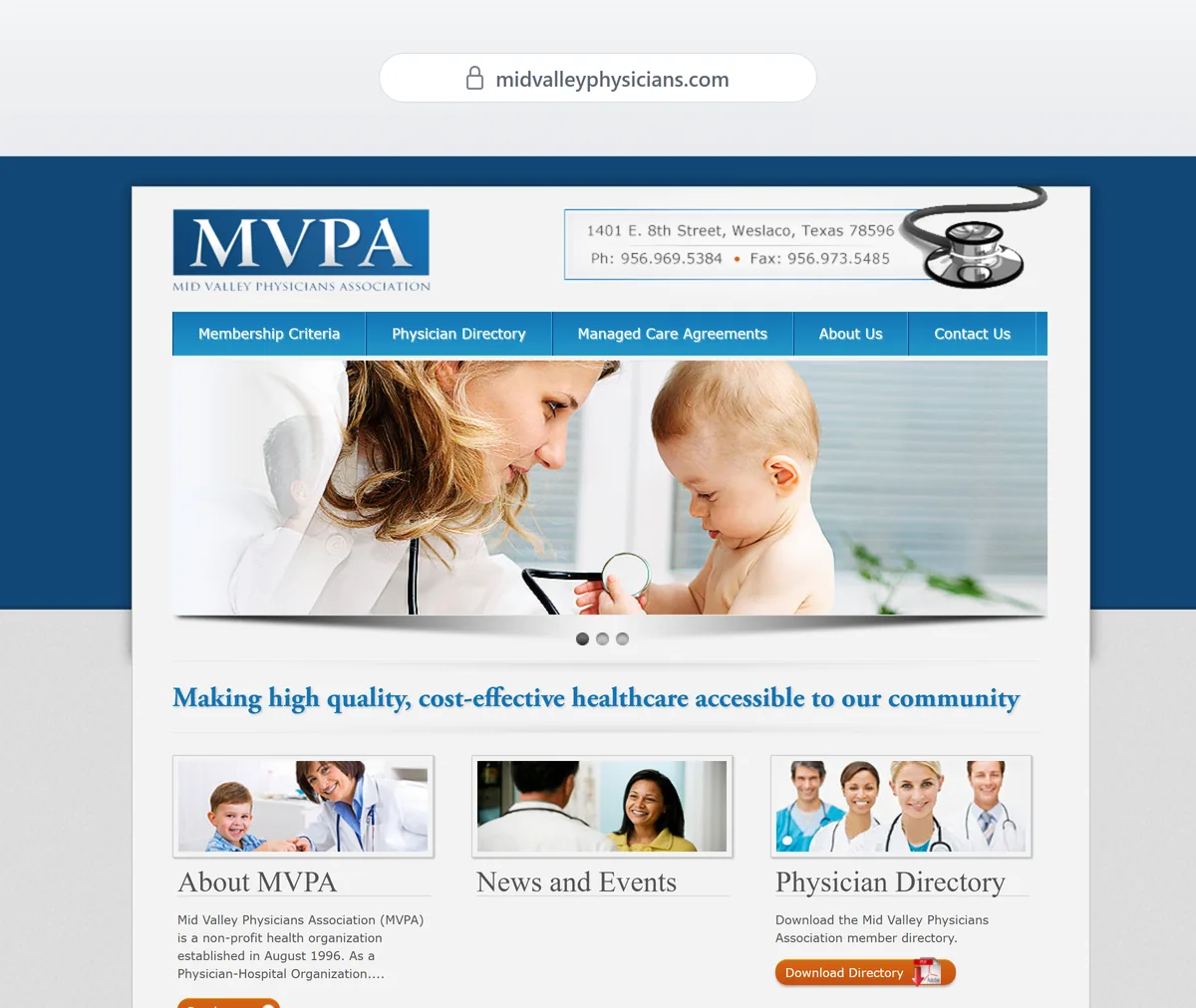 MVPA's previous homepage: the MVPA logo beside the office address, phone and fax numbers and a stethoscope graphic, a blue navigation bar, a photo slideshow of a doctor with a baby, the line Making high quality, cost-effective healthcare accessible to our community, and columns for About MVPA, News and Events, and Physician Directory with a Download Directory button.