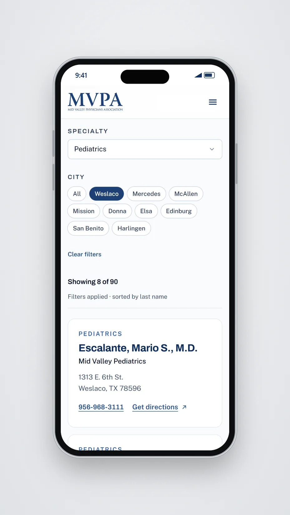 The Find a Doctor page on a phone, filtered to Pediatrics with the Weslaco city button selected, showing 8 of 90 listings and a card for a Weslaco pediatrician with a tap-to-call phone number and a Get directions link.
