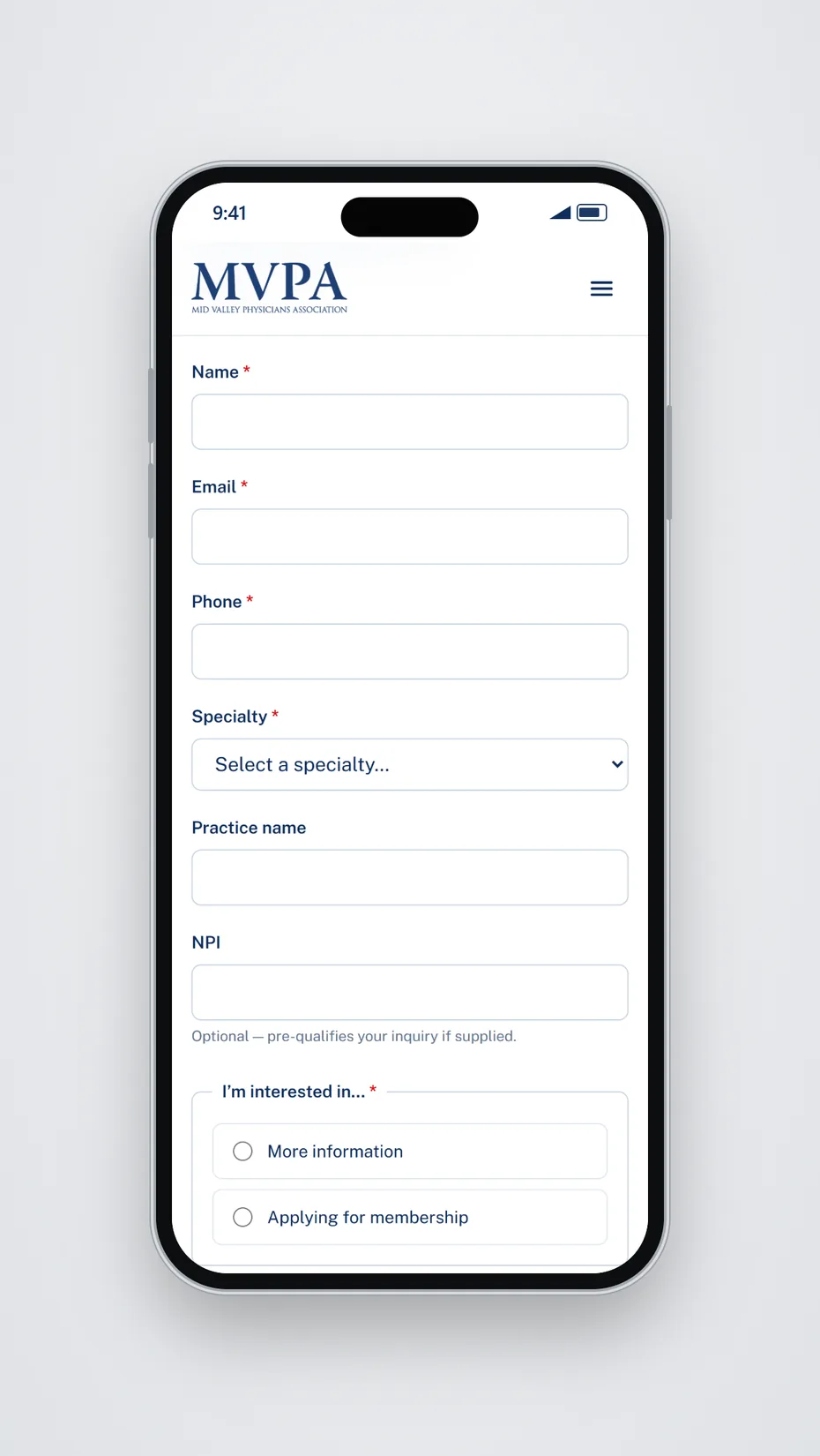The membership inquiry form on a phone, with required Name, Email, Phone and Specialty fields, optional Practice name and NPI fields, and a required choice between More information and Applying for membership.