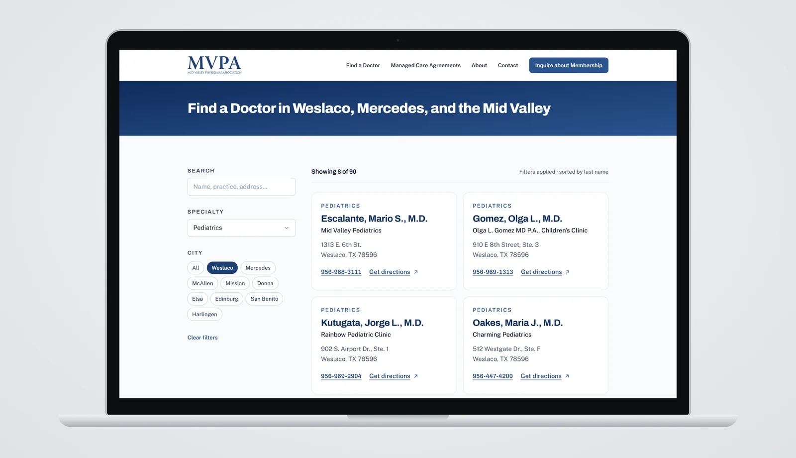 The Find a Doctor page on a laptop, filtered to Pediatrics in Weslaco and showing 8 of 90 listings, with cards for four Weslaco pediatricians that each show a practice name, an address, a phone number and a Get directions link.
