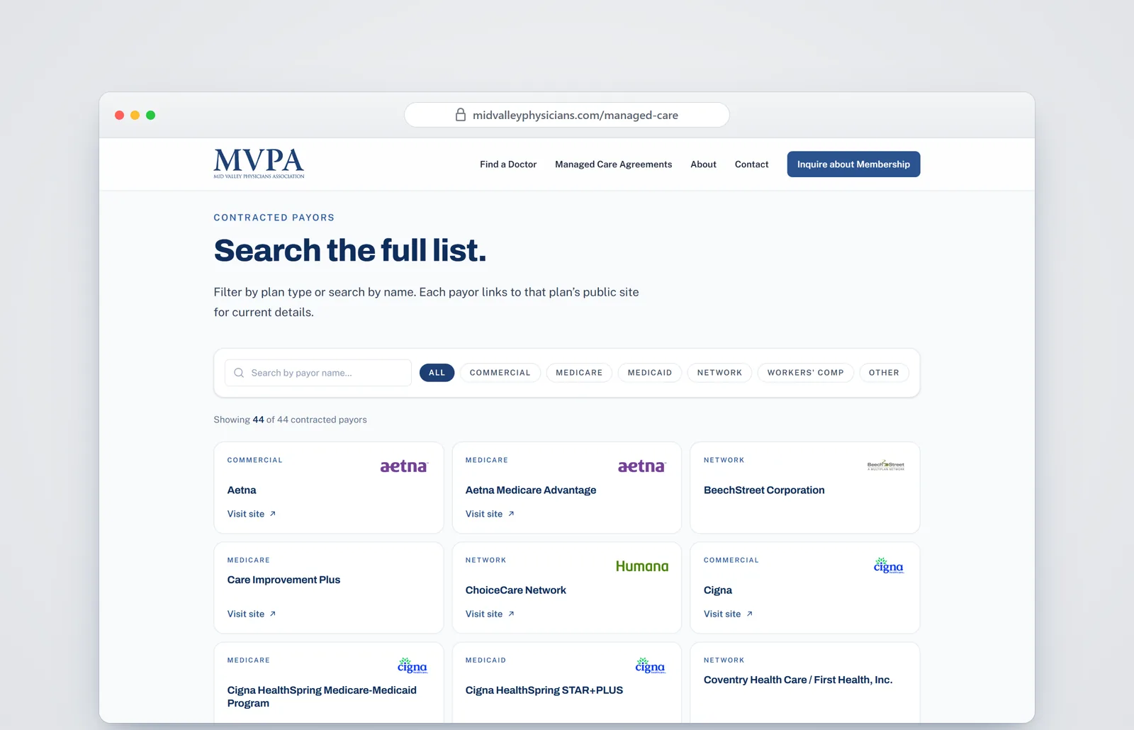 The Managed Care Agreements page in a browser, with the heading Search the full list., a payor search box, plan-type filters for Commercial, Medicare, Medicaid, Network, Workers' Comp and Other, the note Showing 44 of 44 contracted payors, and cards for plans including Aetna and Cigna.