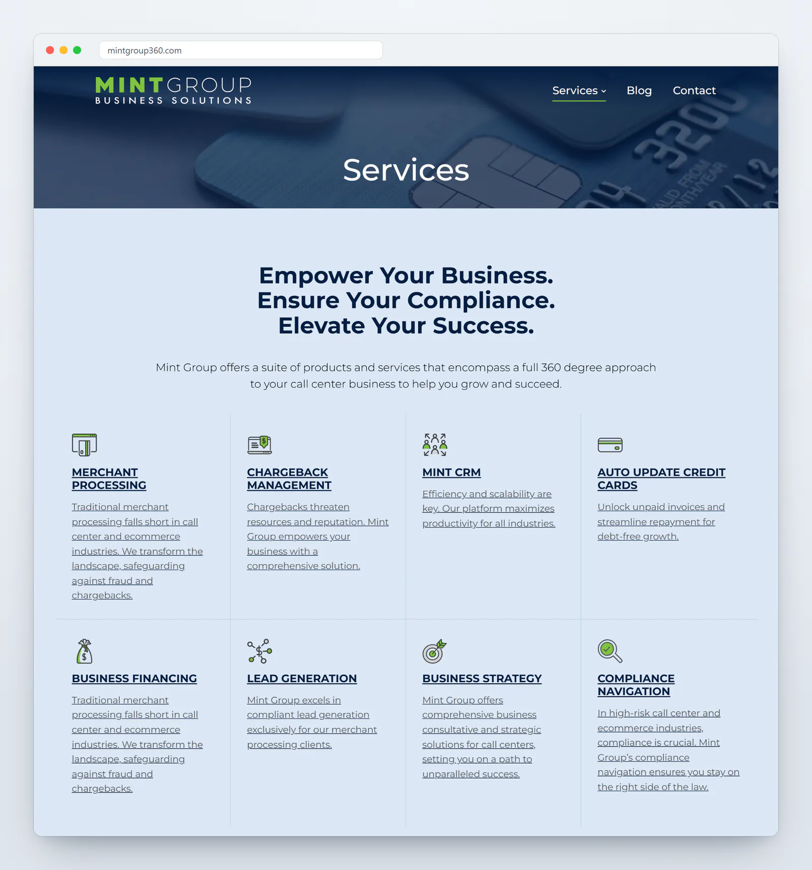 The Mint Group Services page in a browser: a blue header with a close-up of a credit card chip, the lines Empower Your Business, Ensure Your Compliance, Elevate Your Success, a paragraph about Mint Group's 360 degree approach for call centers, and a grid of eight service cards with green and gray icons for Merchant Processing, Chargeback Management, Mint CRM, Auto Update Credit Cards, Business Financing, Lead Generation, Business Strategy, and Compliance Navigation.