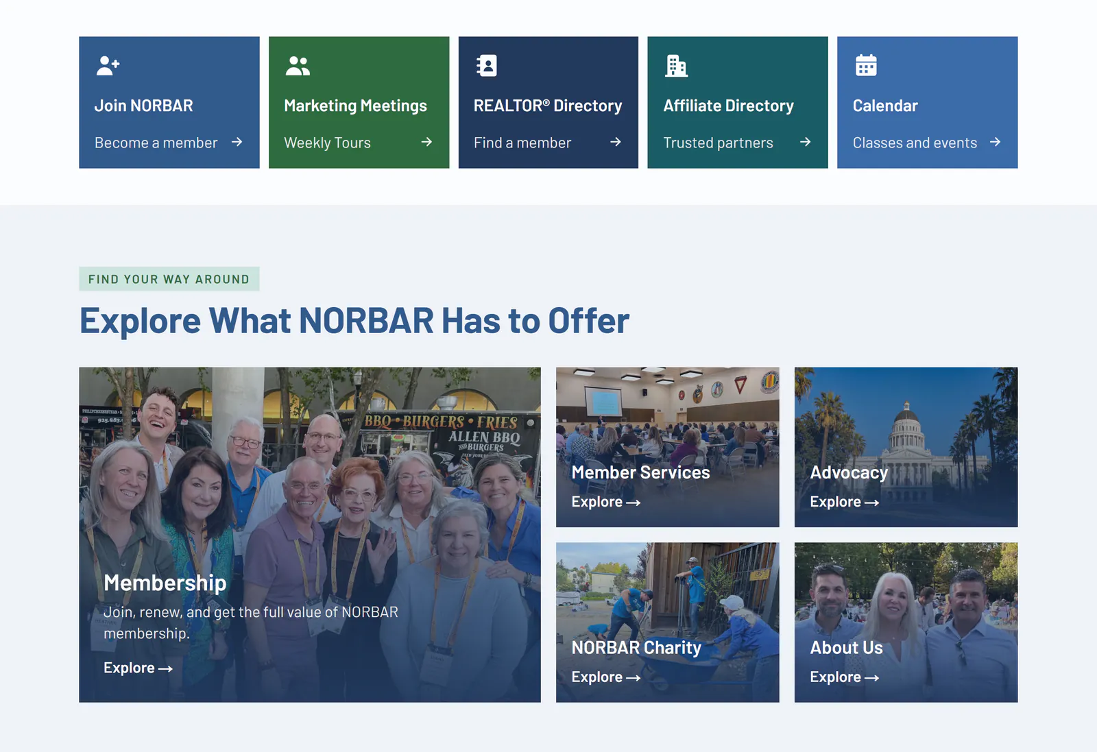 The homepage below the hero: five colored tiles for Join NORBAR, Marketing Meetings, REALTOR® Directory, Affiliate Directory and Calendar, and a section titled Explore What NORBAR Has to Offer with a large photo card for Membership and smaller photo cards for Member Services, Advocacy, NORBAR Charity and About Us.