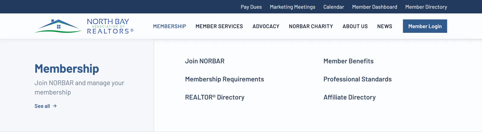 The Membership menu open on the new site: the dark blue quick-links bar and main menu at the top, and below them a panel with the heading Membership, the line Join NORBAR and manage your membership, and a See all link, beside two columns listing Join NORBAR, Member Benefits, Membership Requirements, Professional Standards, REALTOR® Directory and Affiliate Directory.